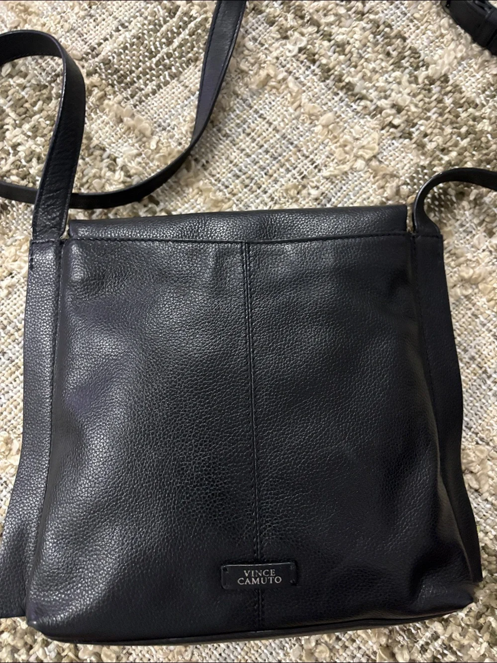 Vince Camuto Livy Large Crossbody Black Leather Bag with Silver Ring Accent